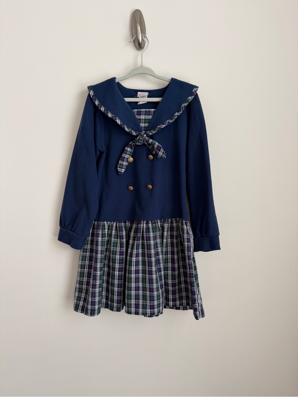 Vintage Buster Brown Girls Size 6X Sailor Collar Plaid Navy Blue Dress